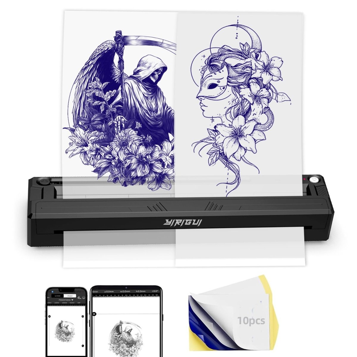 Tattoo Stencil Printer by Yirigui - Fits A4 - A8 Width Thermal Paper Includes 10 Transfer Papers - Bright Black - Tattoo Unleashed