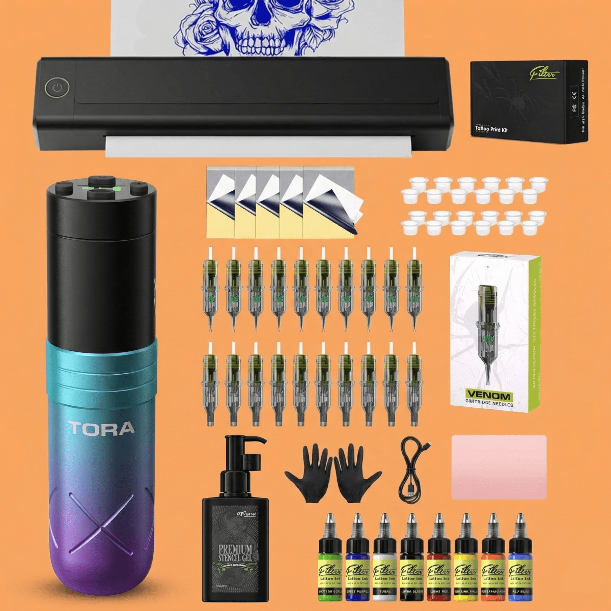 Tora Tattoo Pen Machine Kit with Stencil Printer - Tattoo Unleashed