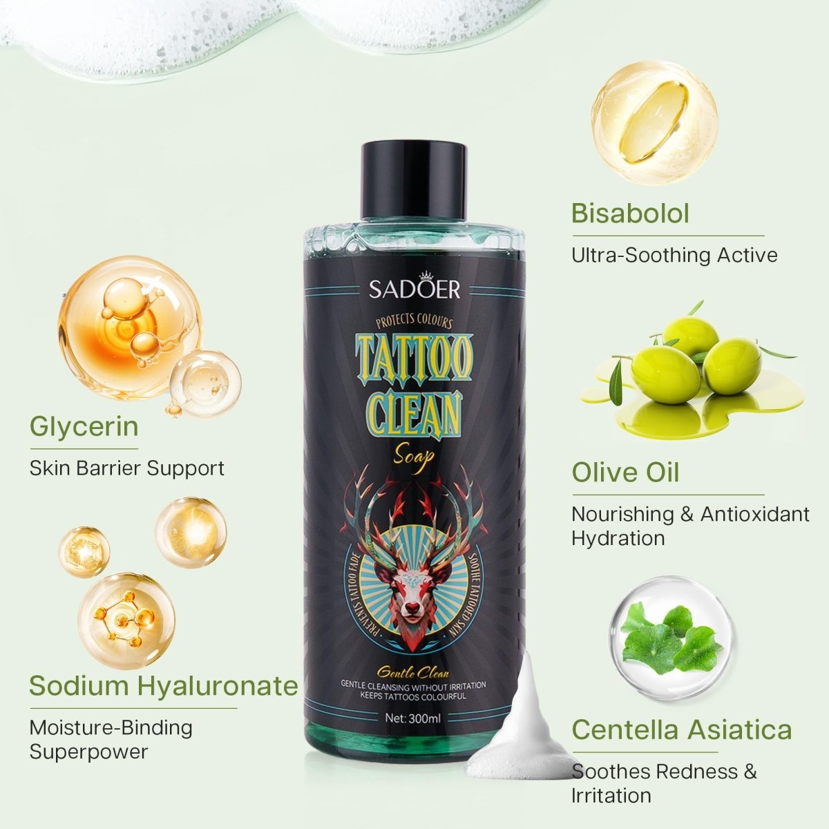 Ultra - Concentrated Tattoo Green Soap by Vraiko - 10oz with Foaming Bottle 120ml - Tattoo Unleashed