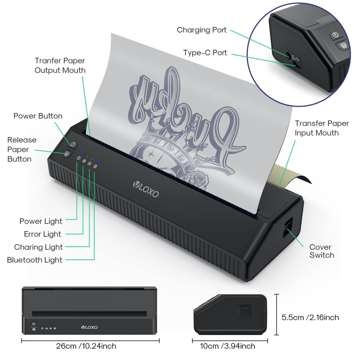 VLOXO Wireless Tattoo Stencil Printer - Portable Bluetooth Thermal Transfer Copier with 10 Transfer Papers - Tattoo Unleashed