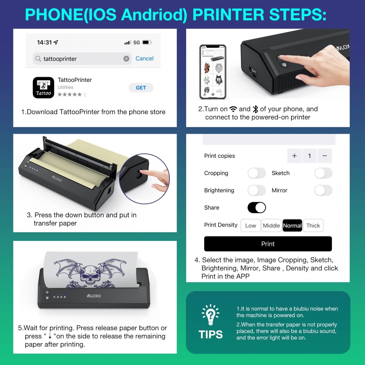 VLOXO Wireless Tattoo Stencil Printer - Portable Bluetooth Thermal Transfer Copier with 10 Transfer Papers - Tattoo Unleashed