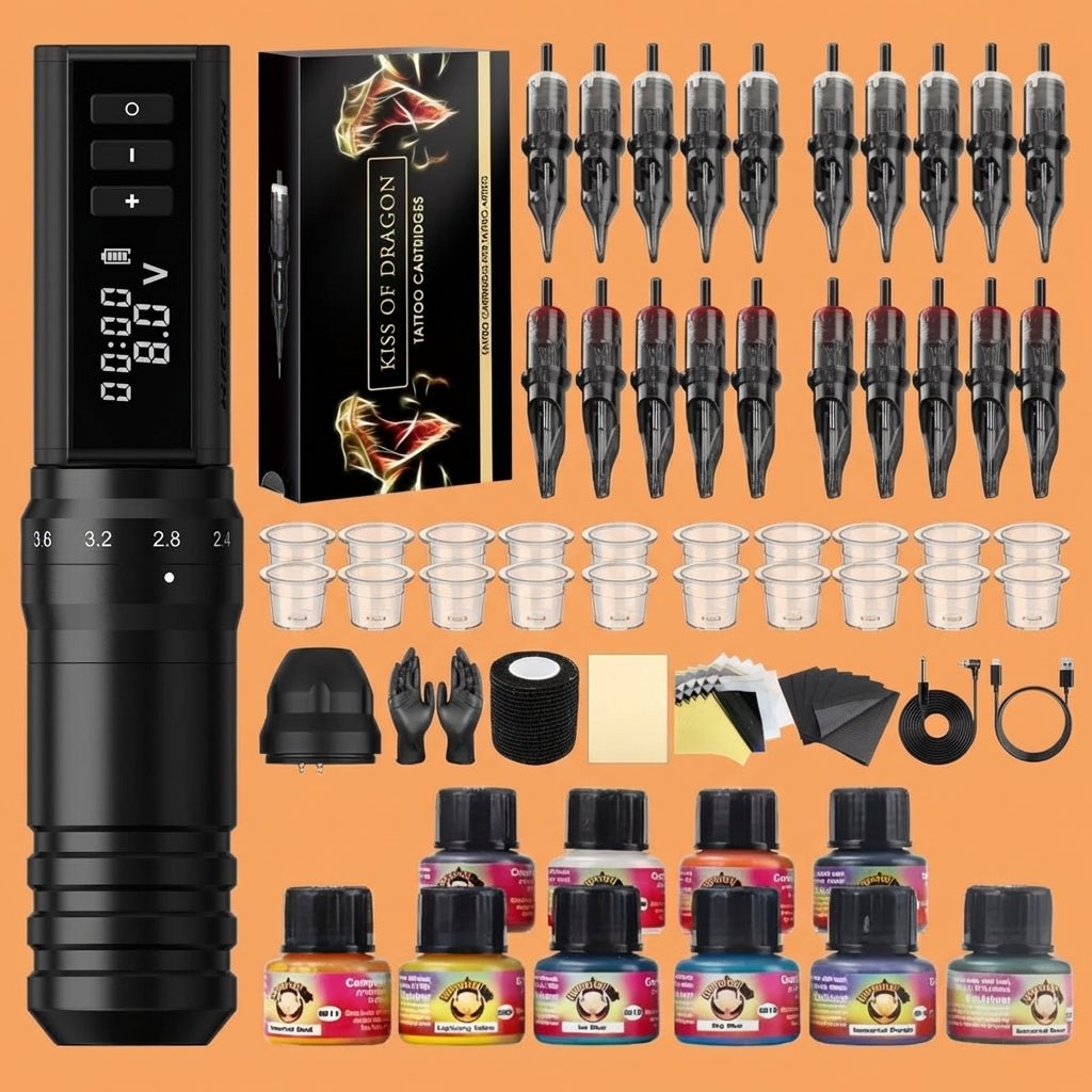 Wireless Tattoo Gun Machine Kit By Kiss of Dragon with 6 stroke length & 2400mAh Battery - Tattoo Unleashed