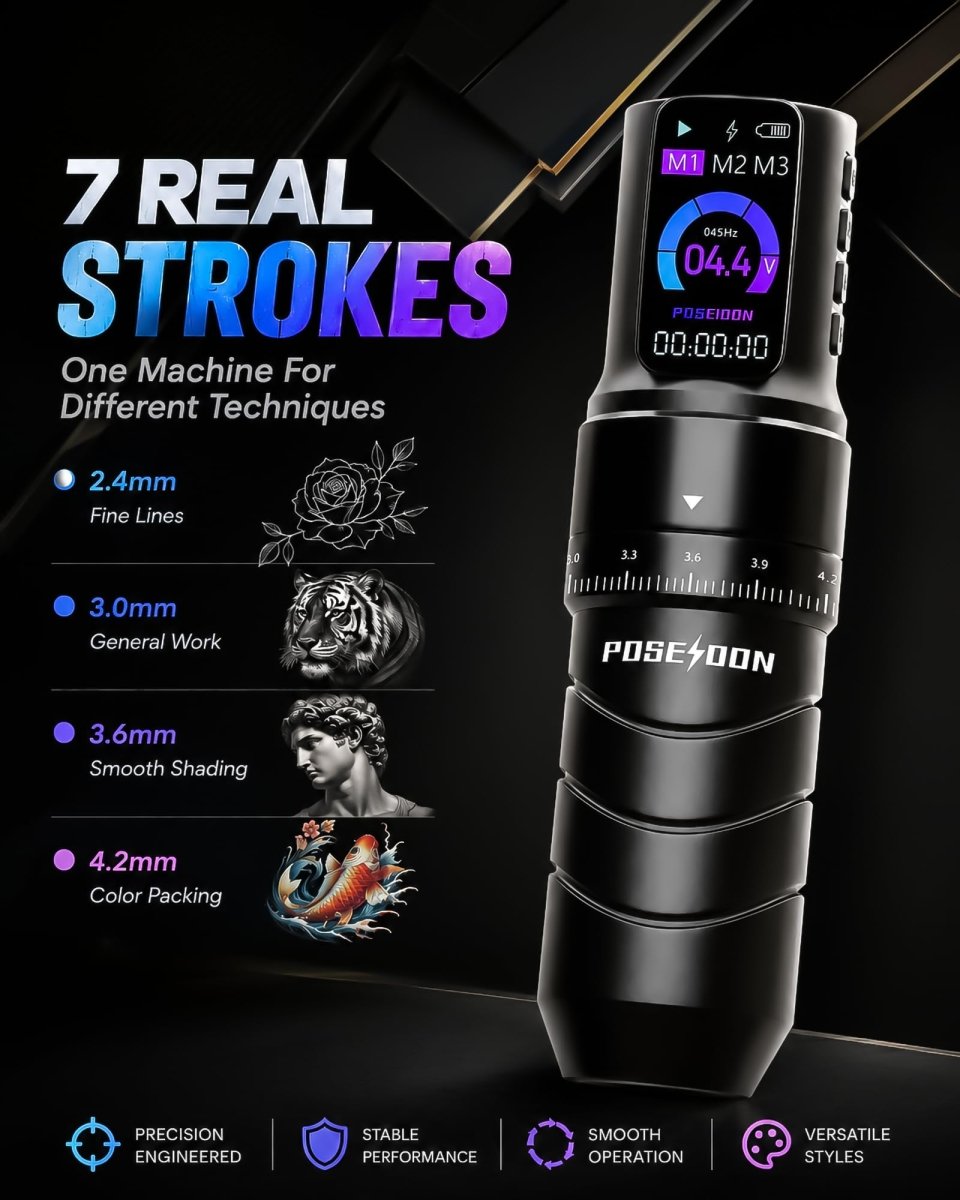 Wireless Tattoo Pen Kit by Poseidon - 2pcs Batteries 7 Strokes TK069 - Tattoo Unleashed