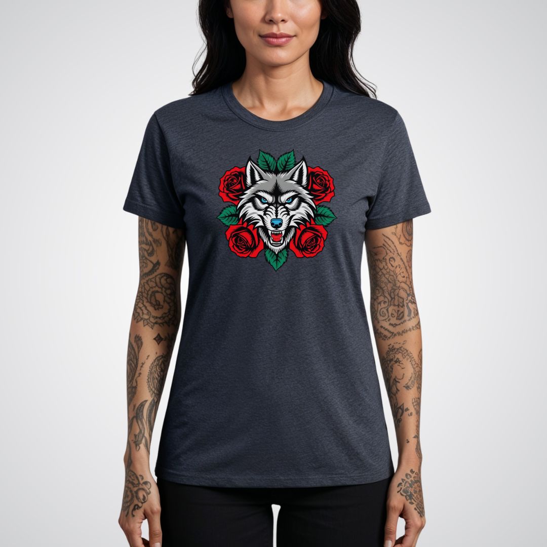 Wolf in Roses Neo - Traditional Tattoo Unisex T-Shirt - Tattoo Unleashed