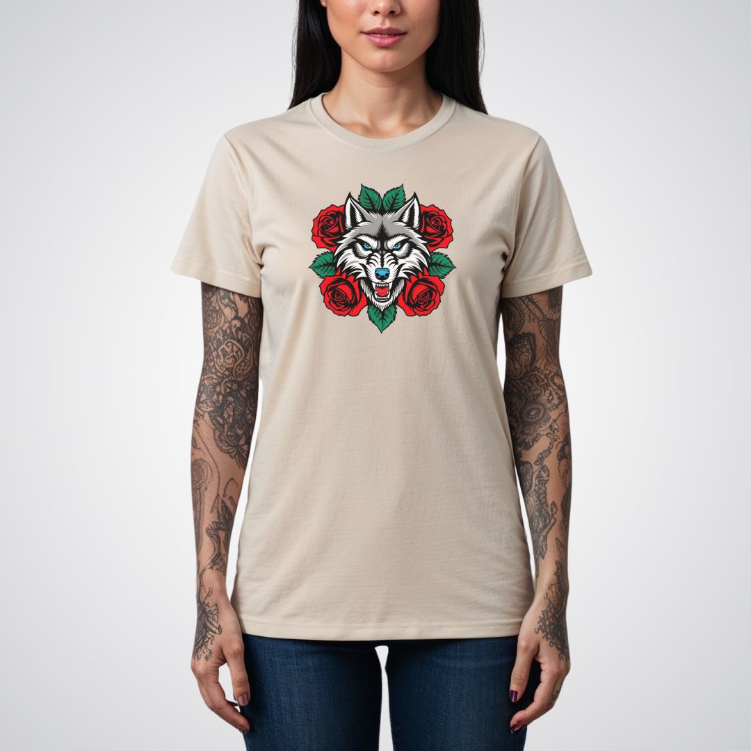 Wolf in Roses Neo - Traditional Tattoo Unisex T-Shirt - Tattoo Unleashed