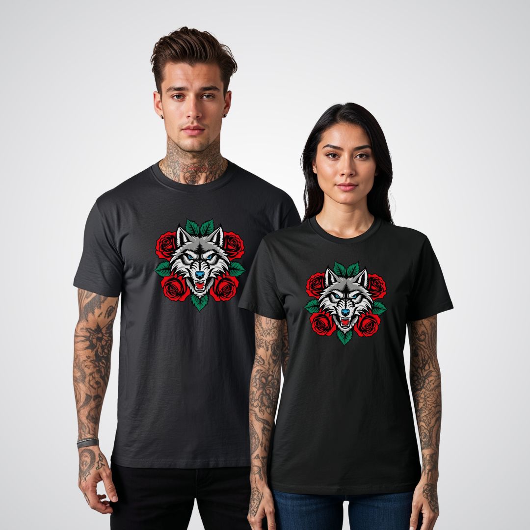 Wolf in Roses Neo-Traditional Tattoo Unisex T-Shirt Tattoo Unleashed