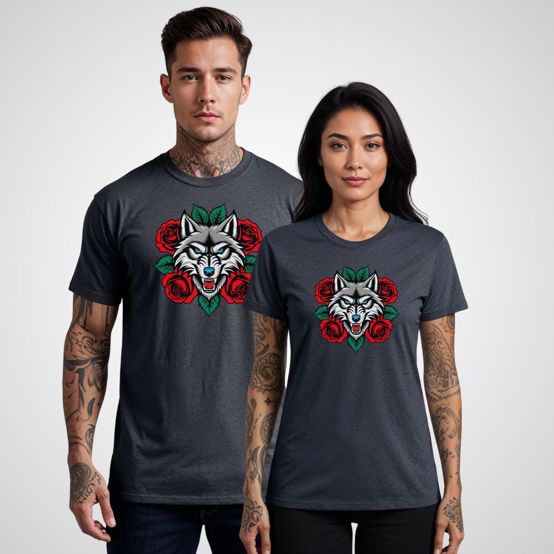 Wolf in Roses Neo - Traditional Tattoo Unisex T-Shirt - Tattoo Unleashed