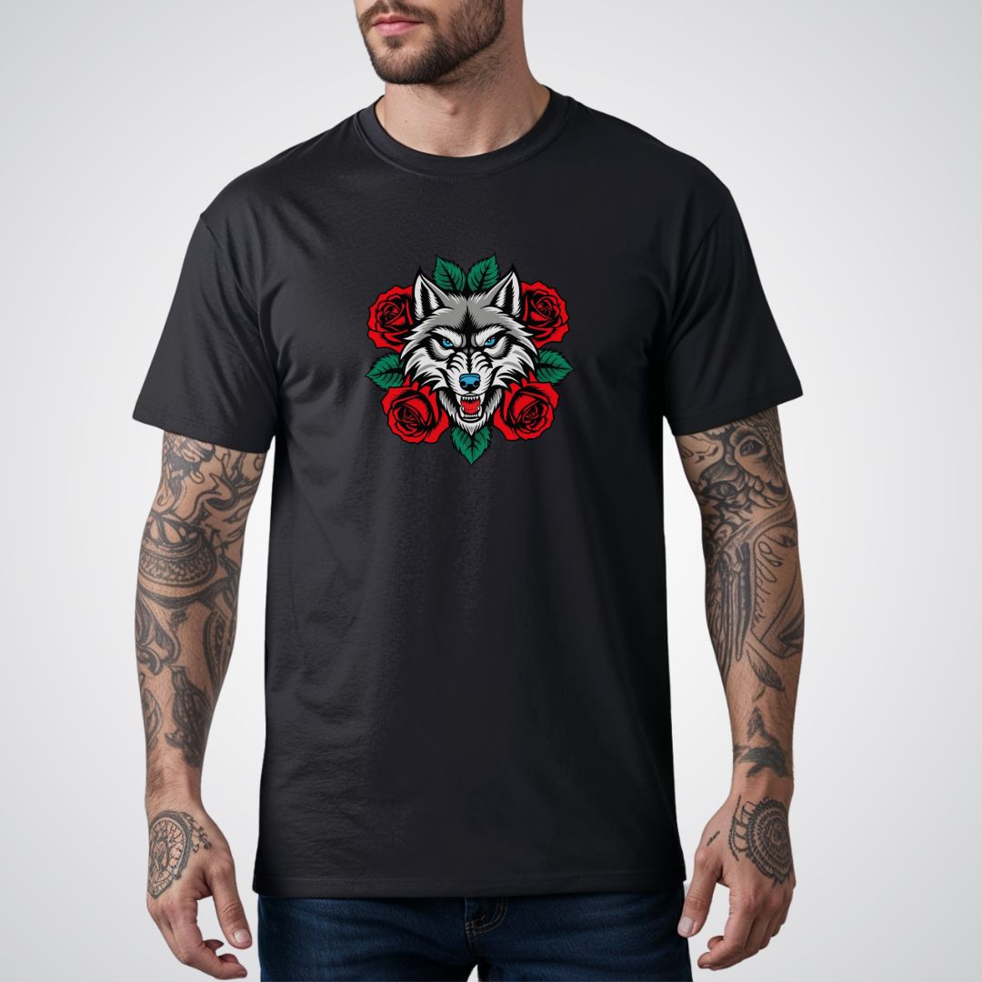 Wolf in Roses Neo - Traditional Tattoo Unisex T-Shirt - Tattoo Unleashed