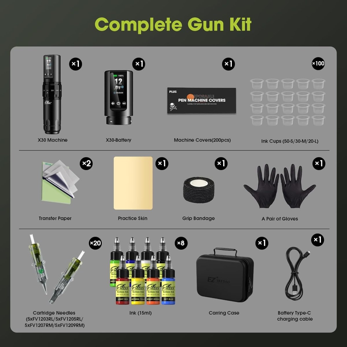 X30 Tattoo Pen Machine Kit with Stencil Printer, 7 Strokes (2.0 - 4.0mm) & 2 Wireless Batteries Included - Tattoo Unleashed