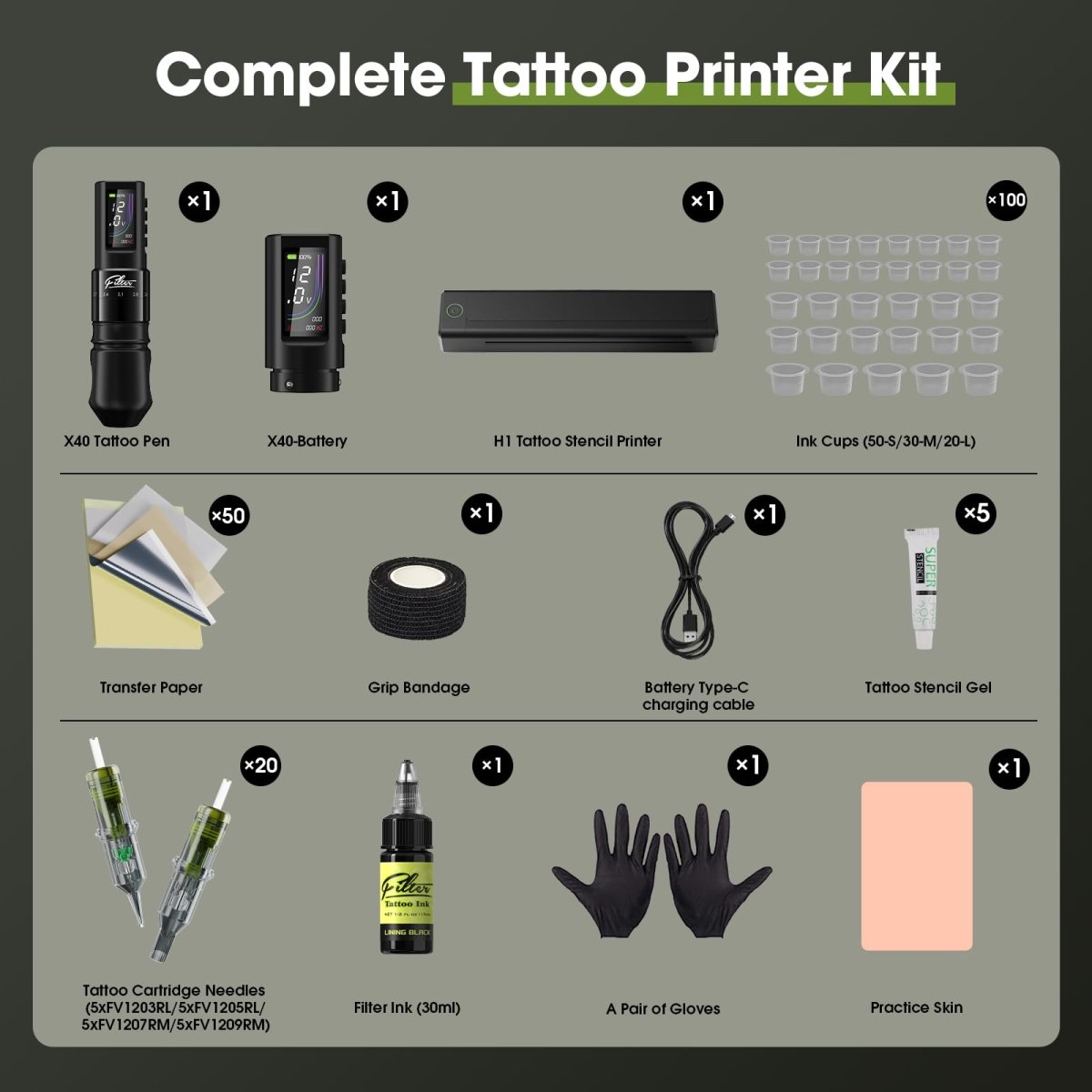 X40 Tattoo Pen Machine Kit with Stencil Printer, 7 Strokes (2.0 - 4.0mm) - Tattoo Unleashed