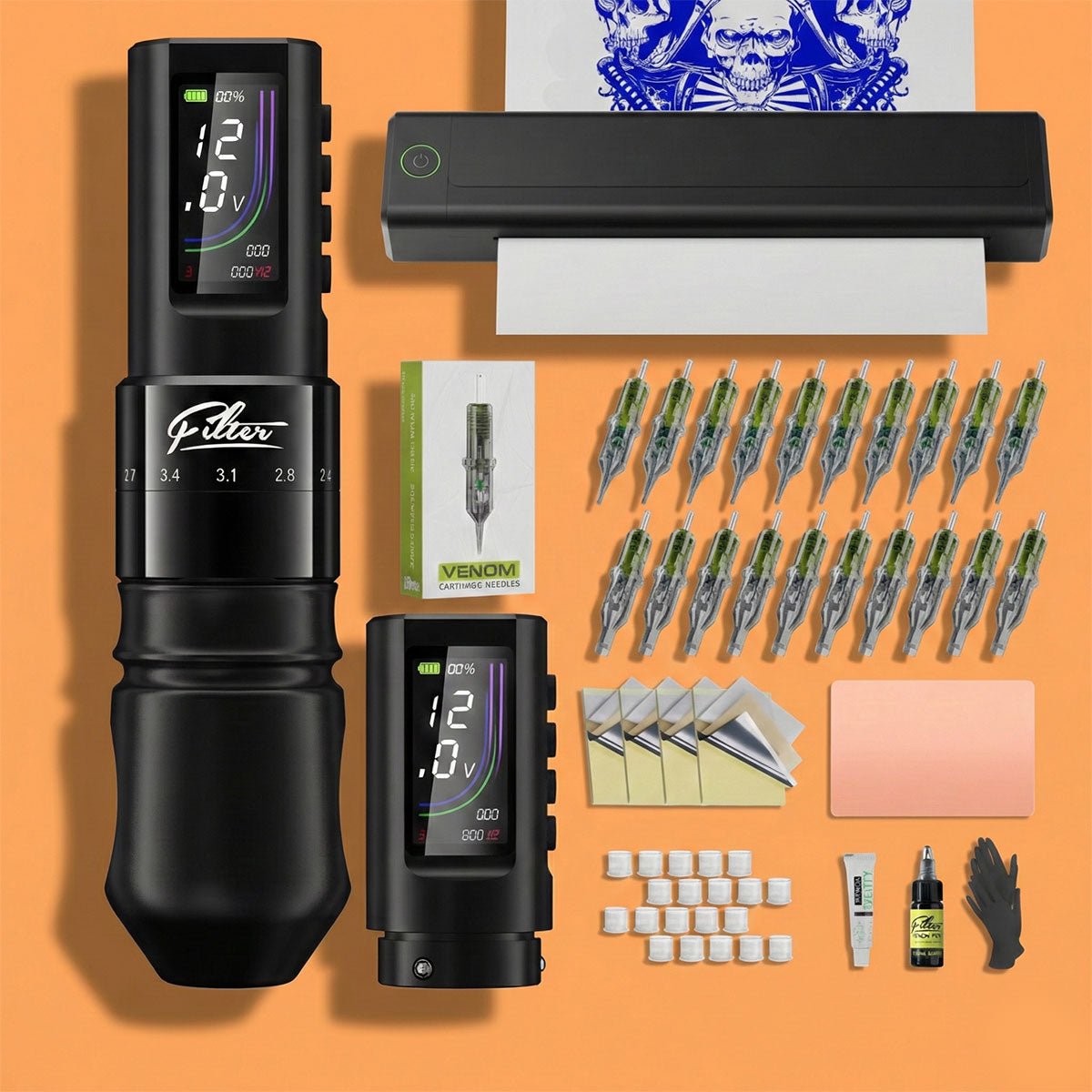 X40 Tattoo Pen Machine Kit with Stencil Printer, 7 Strokes (2.0 - 4.0mm) - Tattoo Unleashed