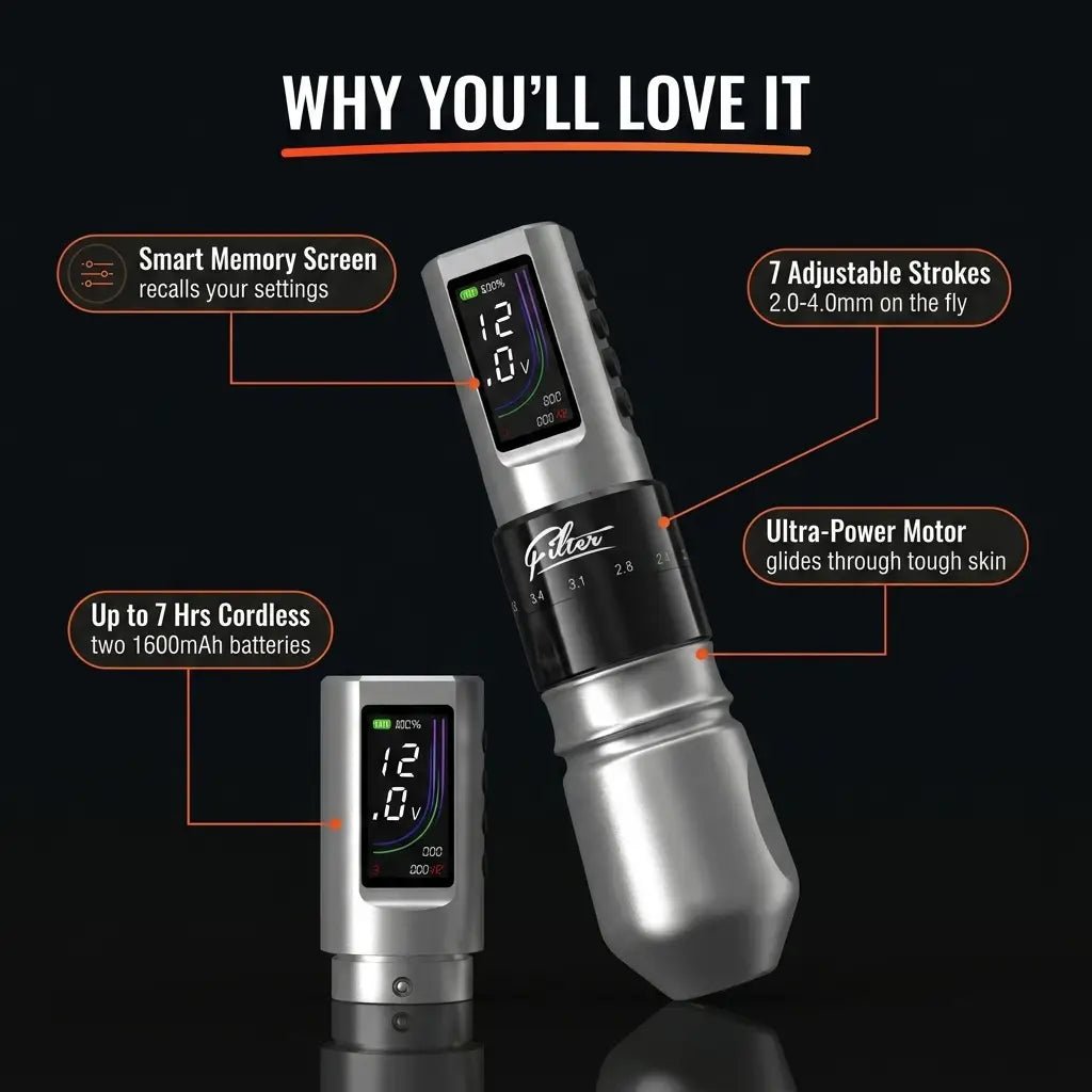 X40 Wireless Tattoo Pen Machine with Extra Battery (Silver) - Tattoo Unleashed