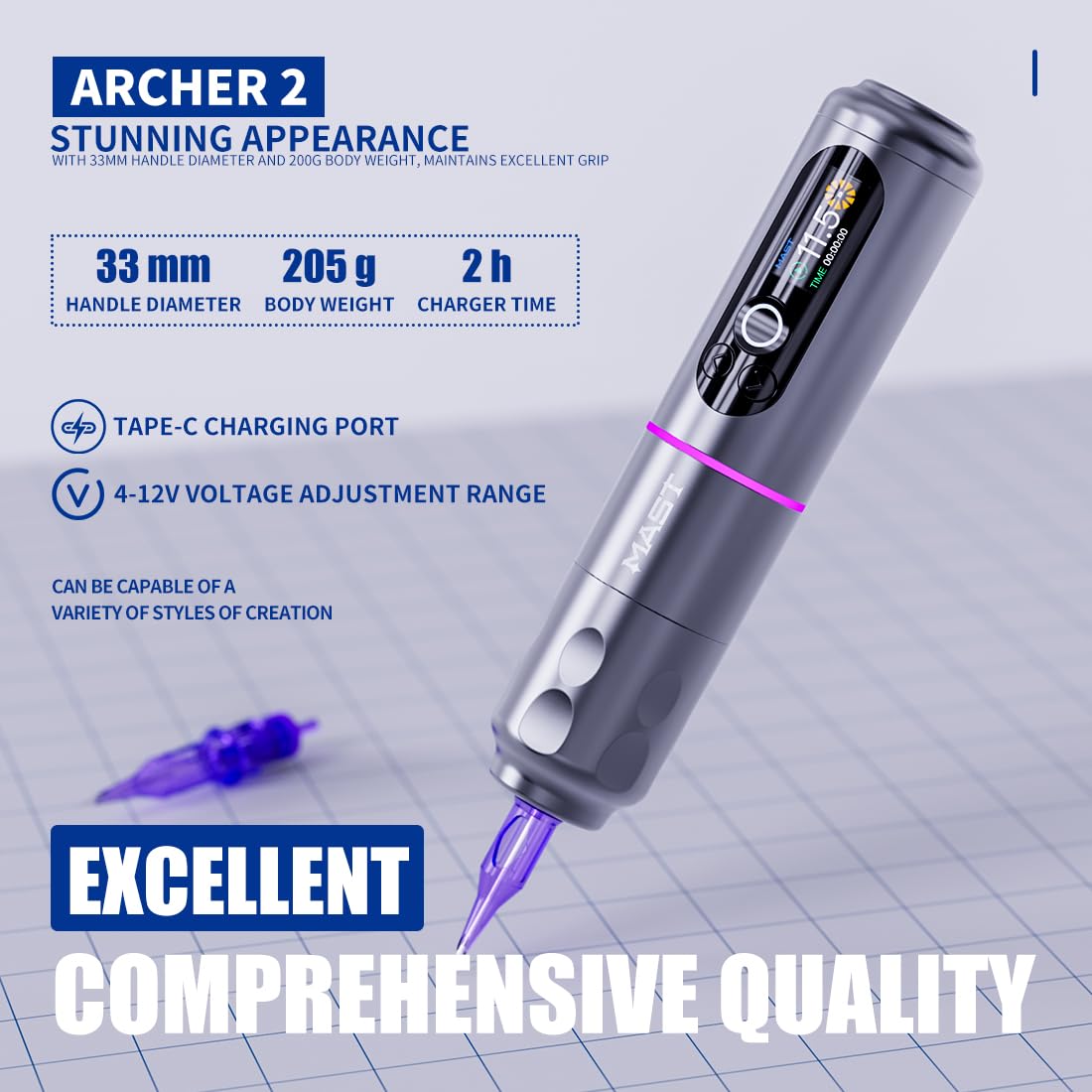 Mast Archer2 Wireless Tattoo Pen Machine, 3.5mm Stroke - Grey